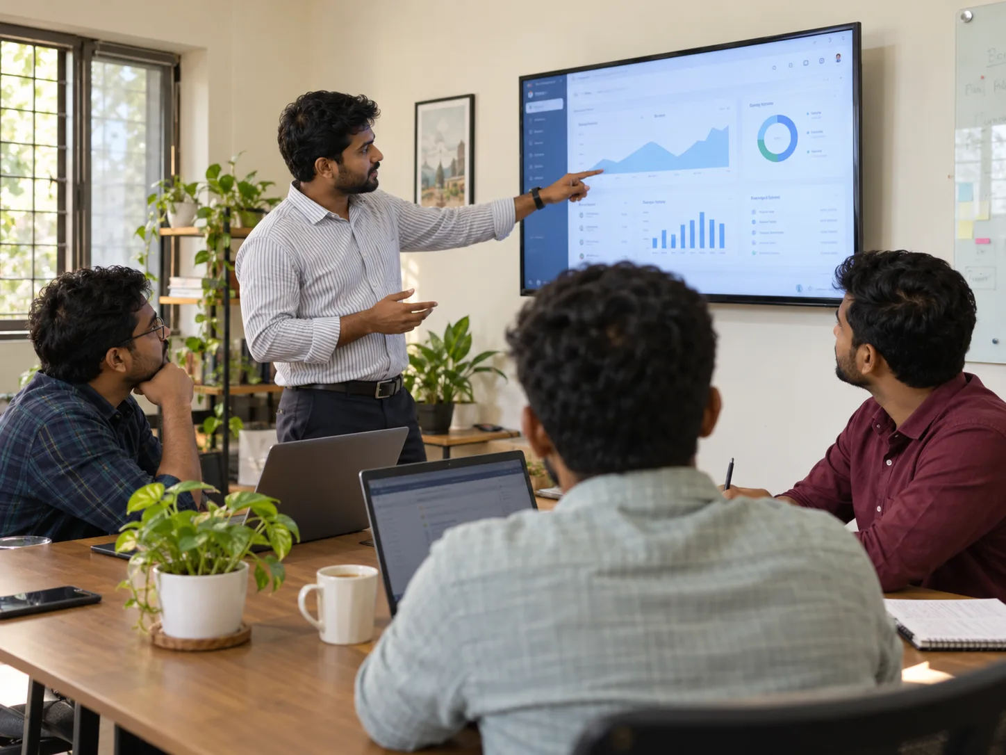 Team discussing a digital dashboard